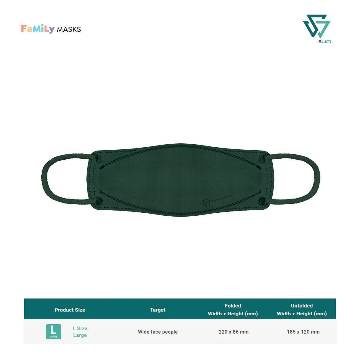 SAVEWO 3DMASK KURO KF94/FFP2 (Deep Green) - Large (L) Adults