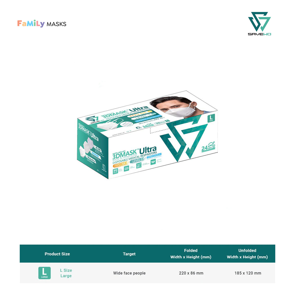 SAVEWO 3DMASK ULTRA KF94/FFP2 (White) - Large (L) Adults – Family