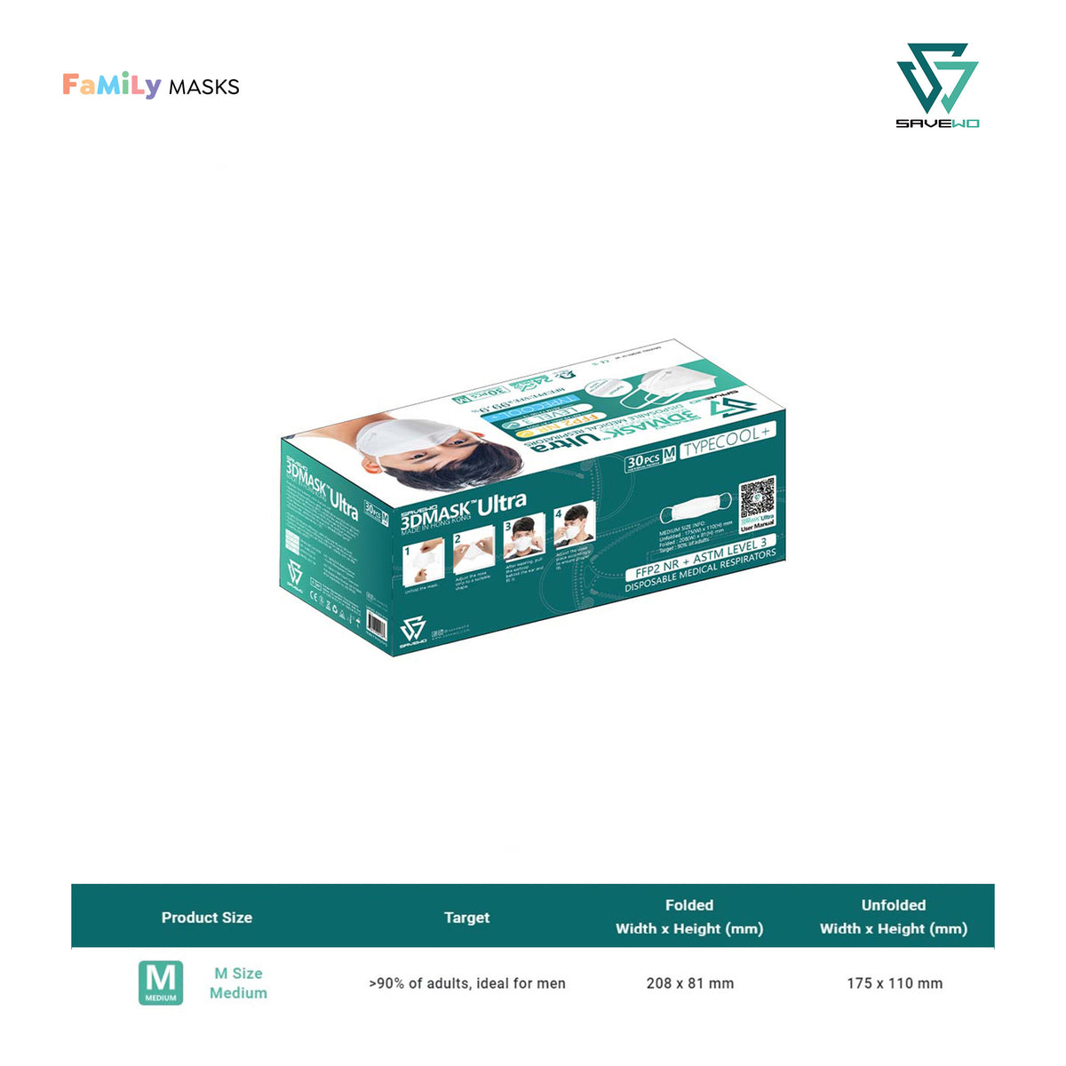 SAVEWO 3DMASK ULTRA KF94/FFP2 (White) - Medium (M) Adults – Family