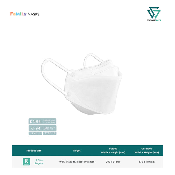 SAVEWO 3DMASK V-PLUS KF94/KN95 (White) - Regular (R) Adults