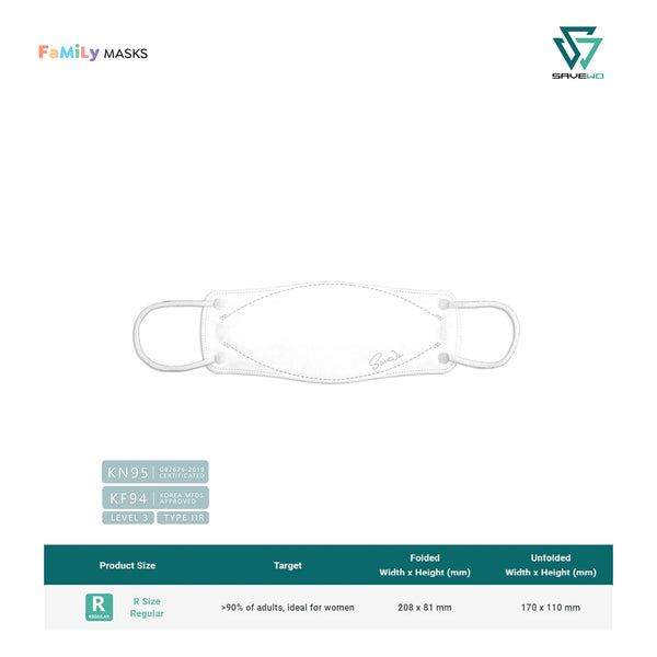 SAVEWO 3DMASK V-PLUS KF94/KN95 (White) - Regular (R) Adults