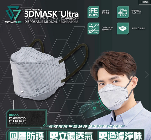 SAVEWO 3DMASK ULTRA CARBON KF94/FFP2 (Grey) - Medium (M) Adults