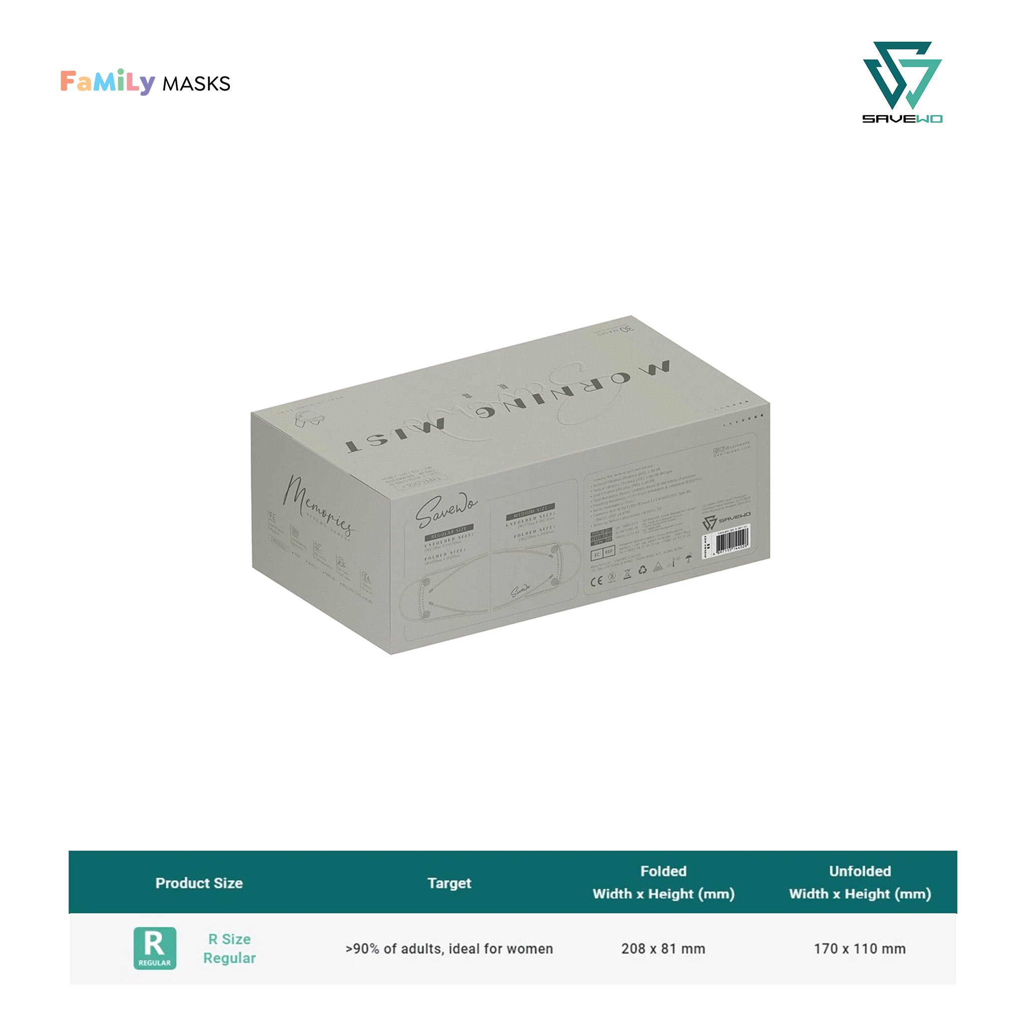 SAVEWO 3DMASK MEMORIES KF94 (Morning Mist) - Regular (R) Adults