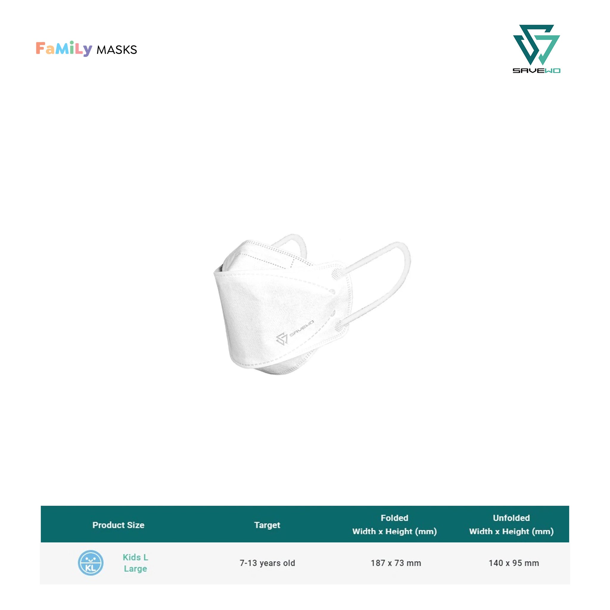 SAVEWO 3DMASK KIDS KF94/KN95 (White) - Large (L2) 7-13 years old