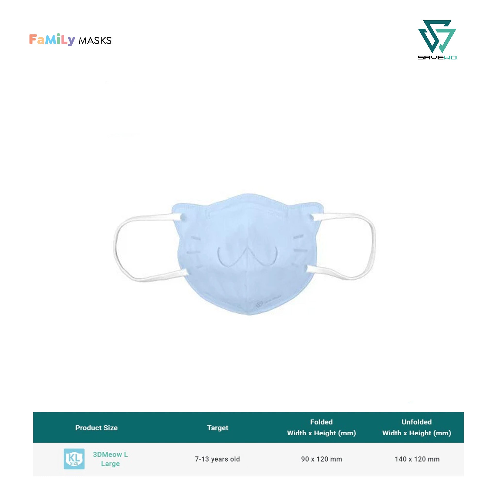 SAVEWO 3DMEOW KIDS KF94 (Blue) - Large (L) 7-13 years old