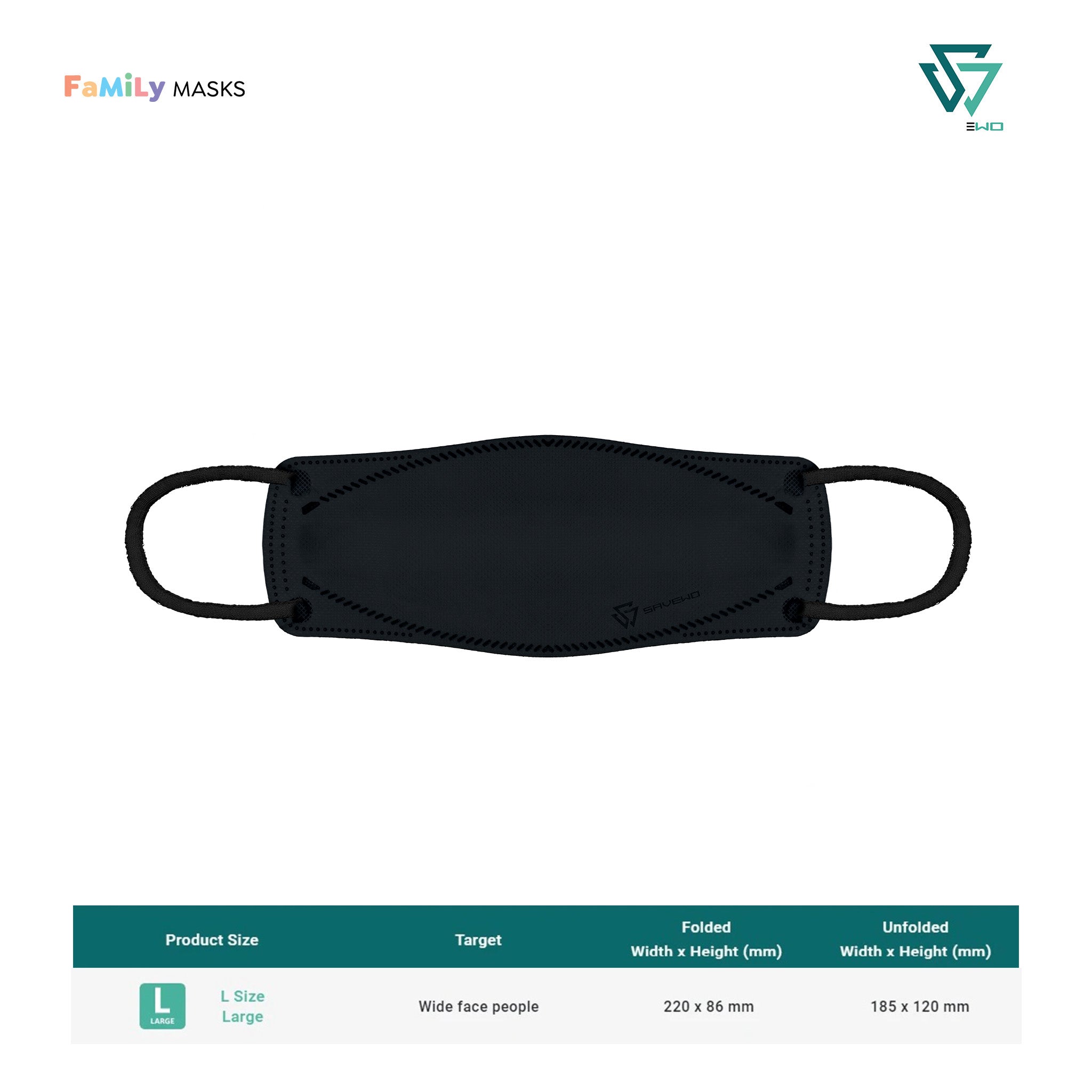 SAVEWO 3DMASK KURO KF94/FFP2 (Black) - Large (L) Adults – Family Masks