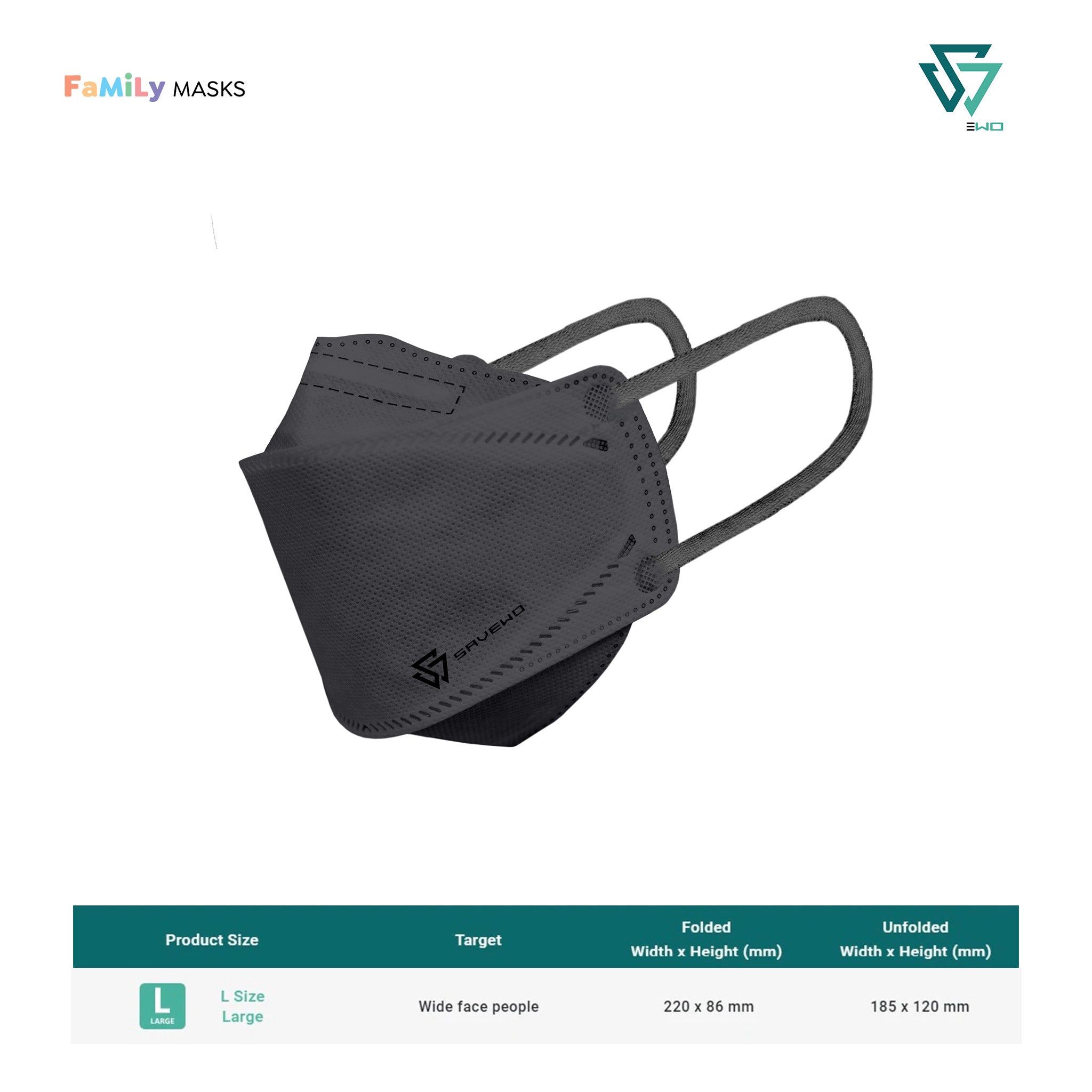 SAVEWO 3DMASK KURO KF94/FFP2 (Grey) - Large (L) Adults