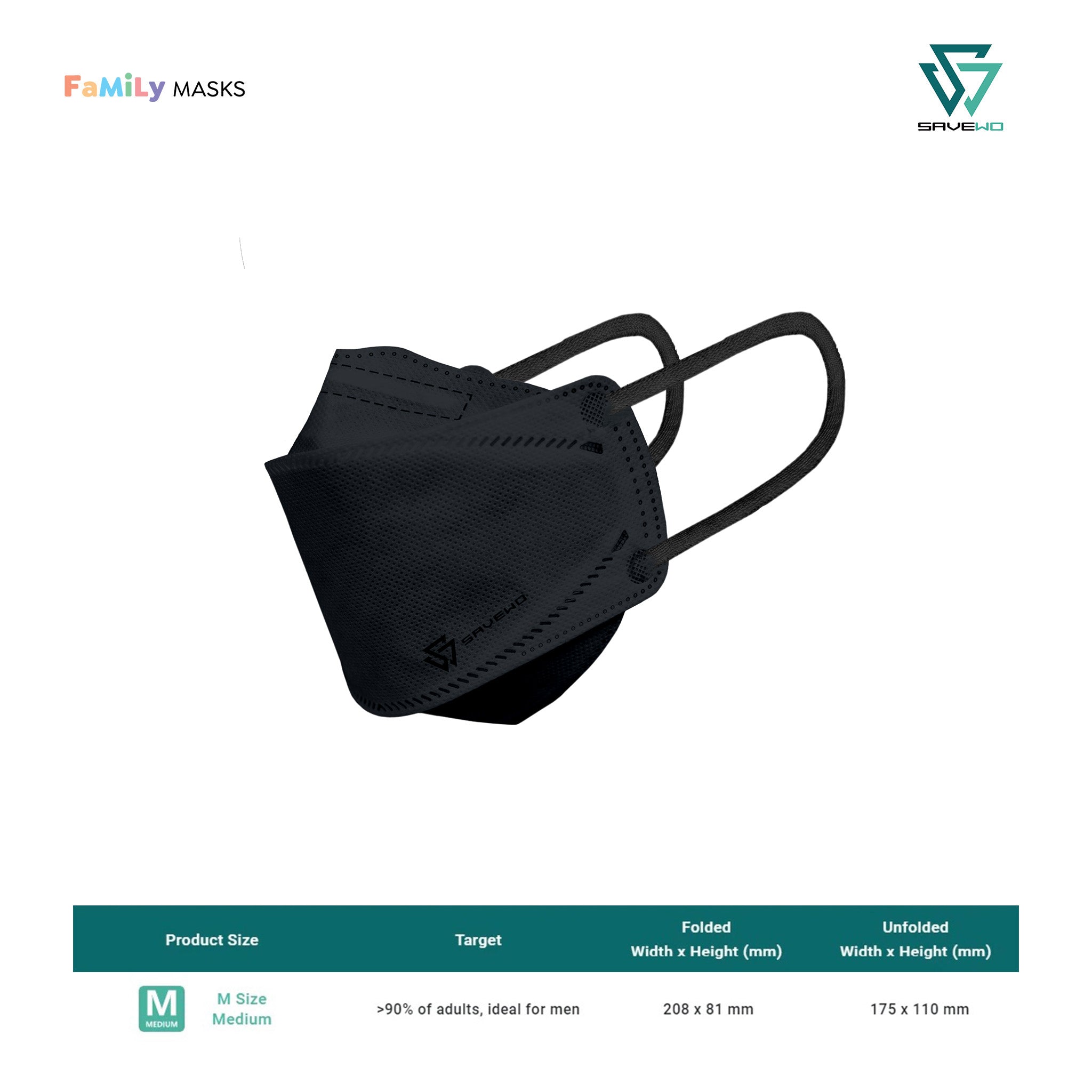 SAVEWO 3DMASK KURO KF94/FFP2 (Black) - Medium (M) Adults