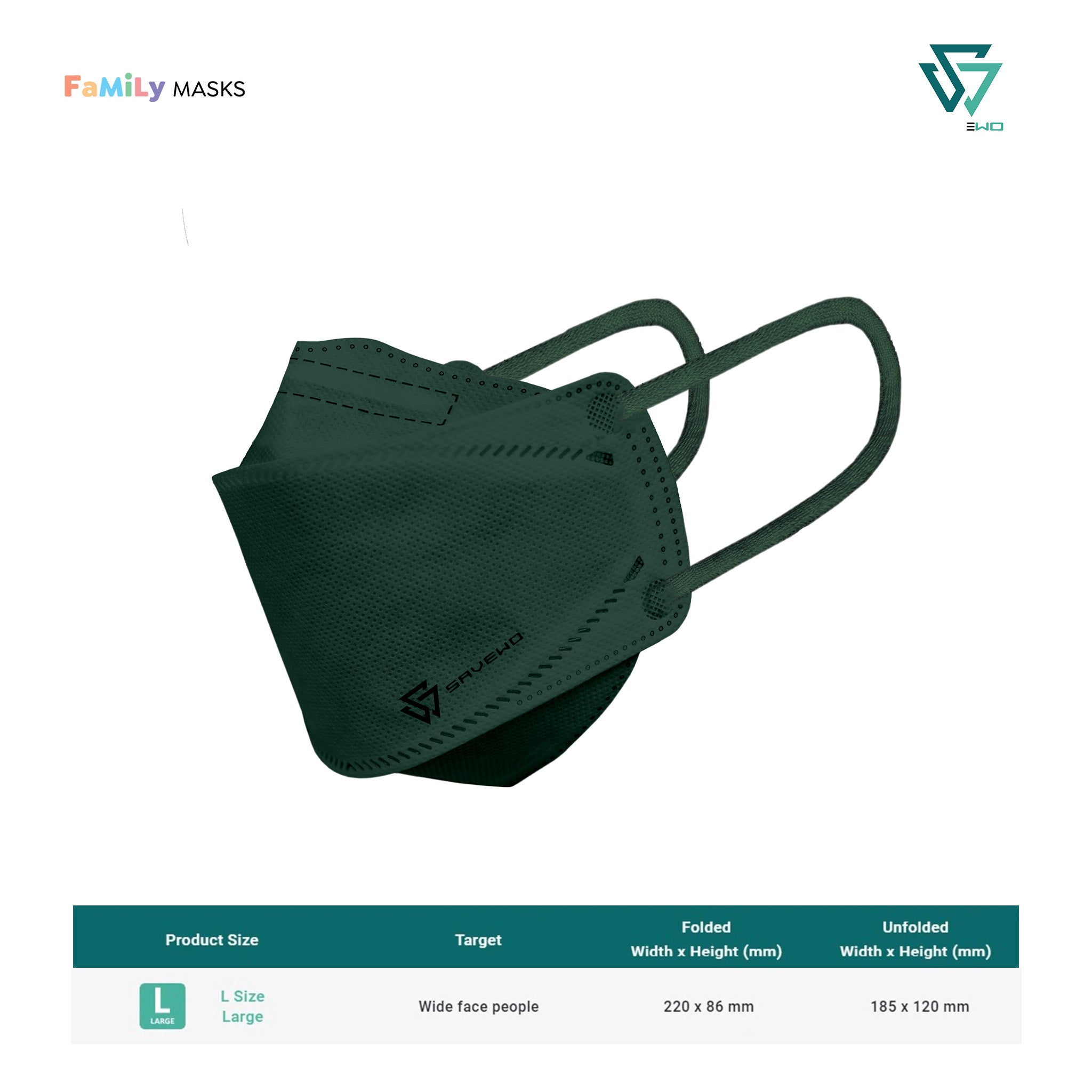 SAVEWO 3DMASK KURO KF94/FFP2 (Deep Green) - Large (L) Adults