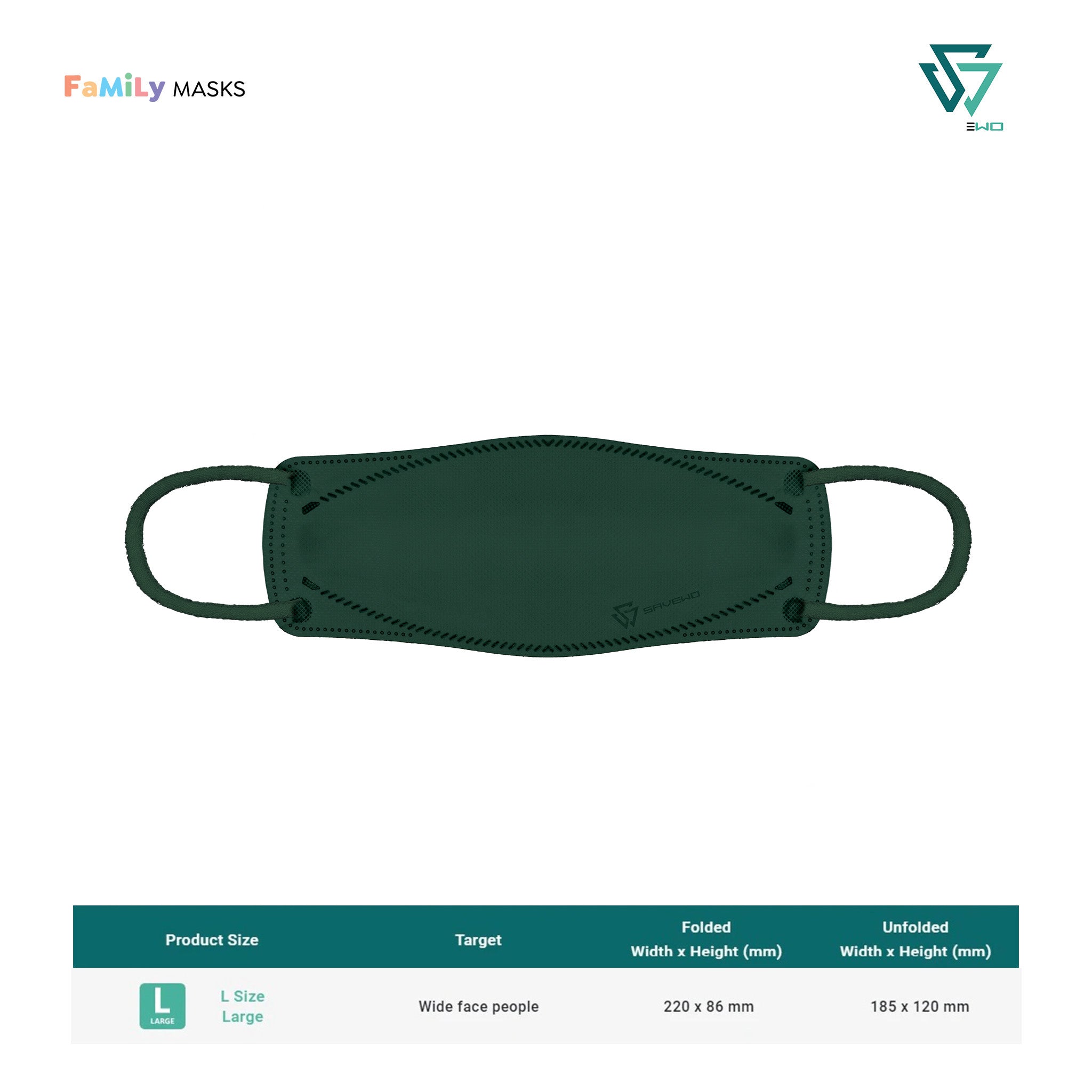 SAVEWO 3DMASK KURO KF94/FFP2 (Deep Green) - Large (L) Adults